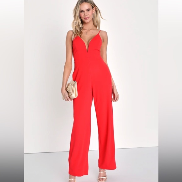 Lulus Pants - NWT Fierce Flirt Coral Red Plunge Sleeveless Wide-Leg Jumpsuit